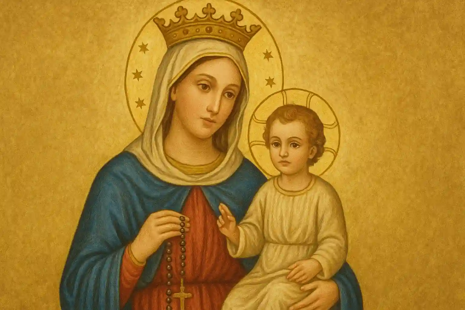 Ilustración espiritual de Nuestra Señora del Rosario sosteniendo al Niño Jesús y un rosario, con fondo dorado y luz celestial, símbolo de fe y oración.