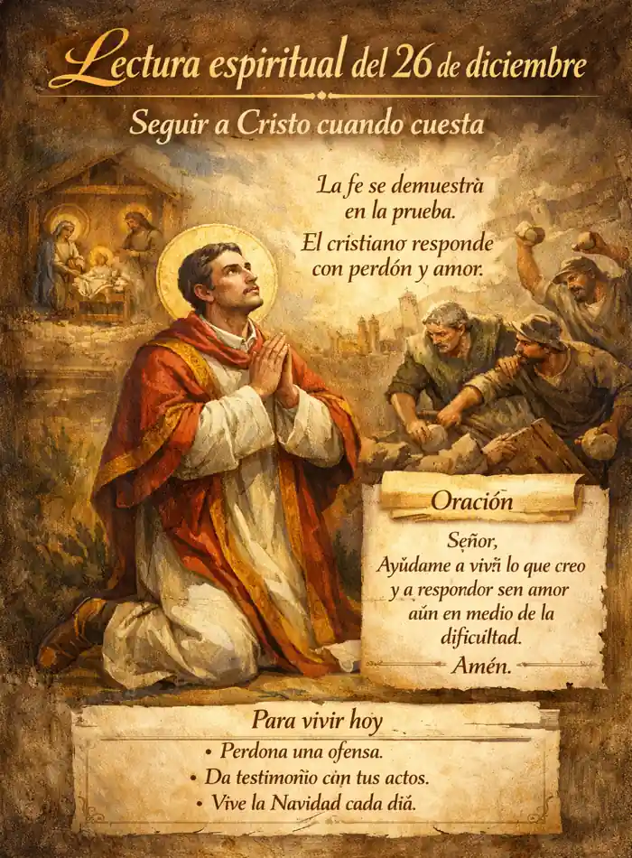 Lectura espiritual del 26 de diciembre inspirada en San Esteban, imagen bíblica que representa la fe, el perdón y el seguimiento de Cristo en la prueba.